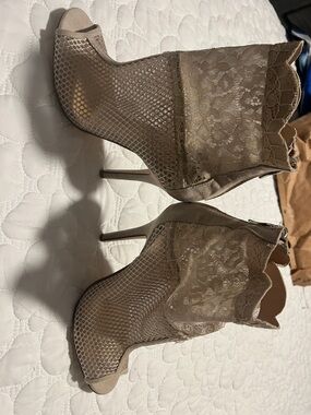 Lace & Mesh Peep-Toe Stiletto Ankle Boots - Taupe